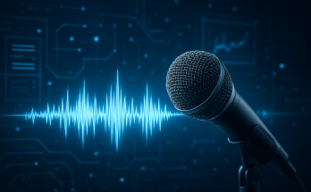 A high-quality close-up of a microphone with a soundwave pattern displayed against a digital background.