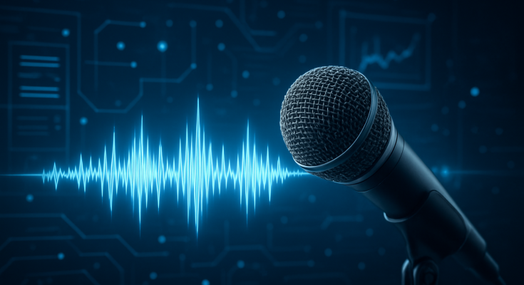A high-quality close-up of a microphone with a soundwave pattern displayed against a digital background.