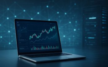 A laptop displaying a financial chart with upward trends in a dark office environment