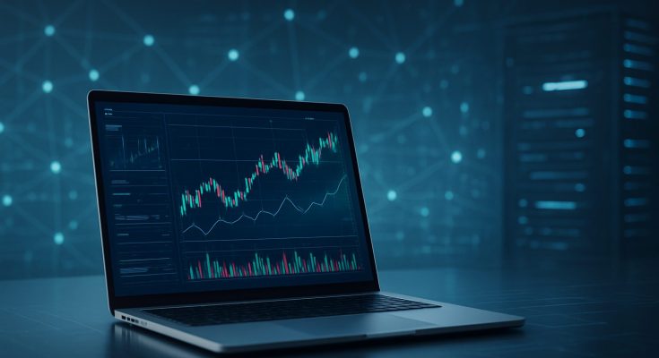 A laptop displaying a financial chart with upward trends in a dark office environment