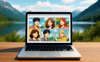 A laptop displaying colorful comic panels in a scenic outdoor setting