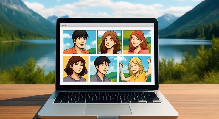 A laptop displaying colorful comic panels in a scenic outdoor setting