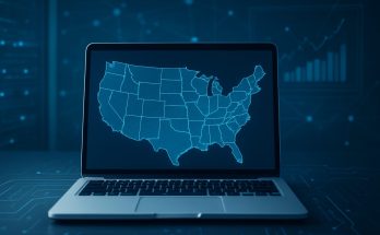 A laptop displaying a digital map of the United States in a tech-inspired environment.