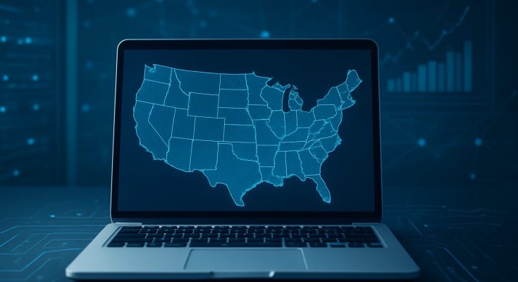 A laptop displaying a digital map of the United States in a tech-inspired environment.
