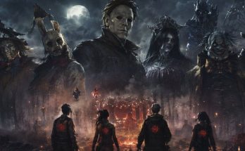 A dark, atmospheric scene featuring characters from a horror game, with masked figures and a moonlit background.