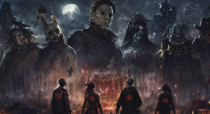 A dark, atmospheric scene featuring characters from a horror game, with masked figures and a moonlit background.